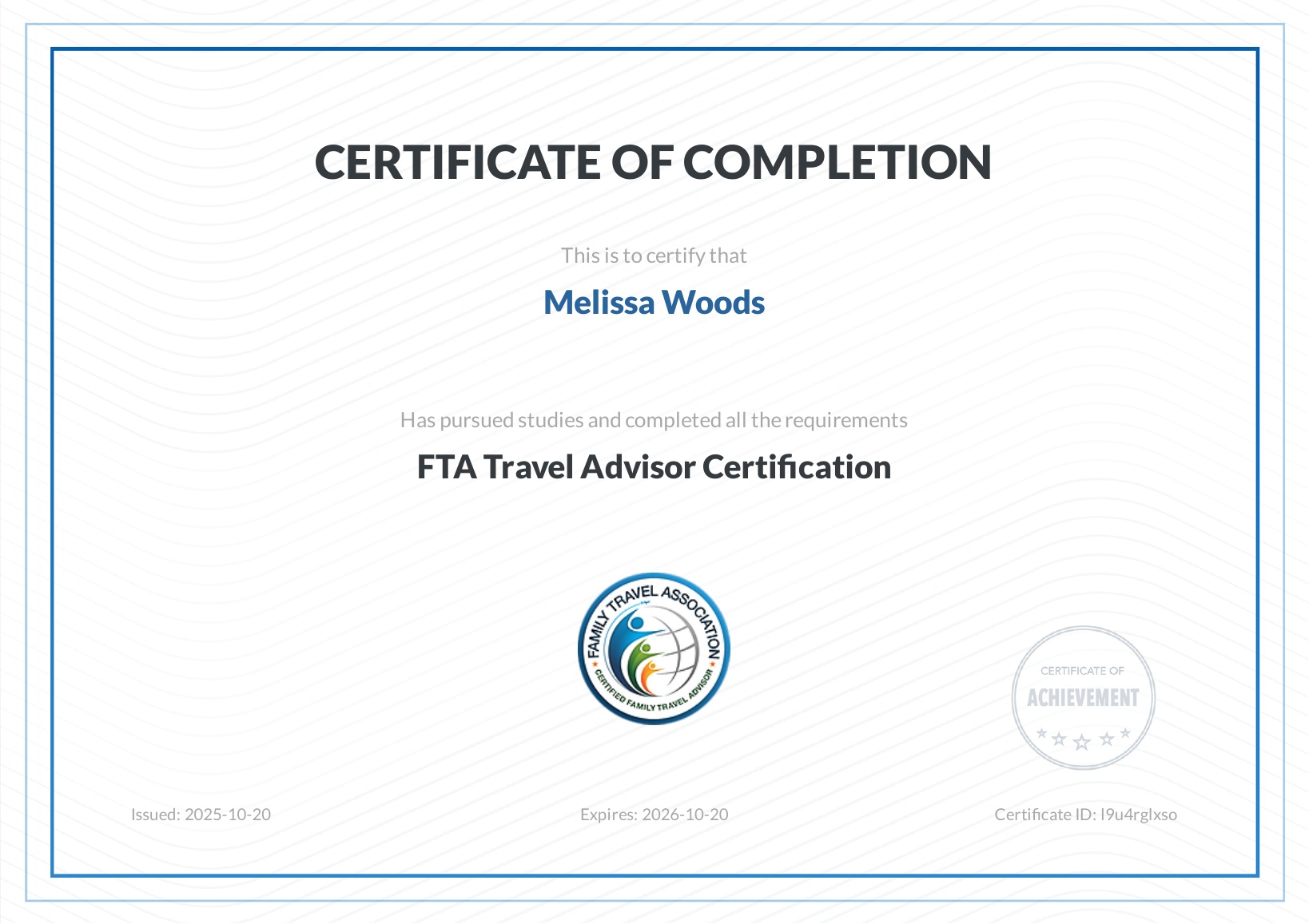Family Travel Association certificate of completion for Melissa Woods