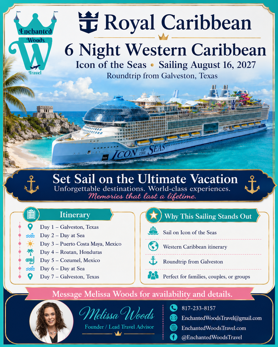 6 Night Western Caribbean on Icon of the Seas flyer, sailing August 16, 2027 roundtrip from Galveston, Texas