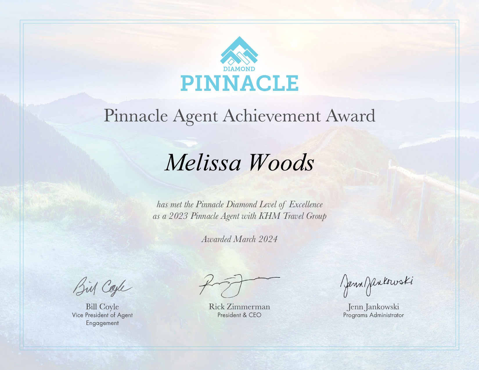 KHM Travel Group Pinnacle Agent Achievement Award, Pinnacle Diamond Level, 2023, awarded to Melissa Woods