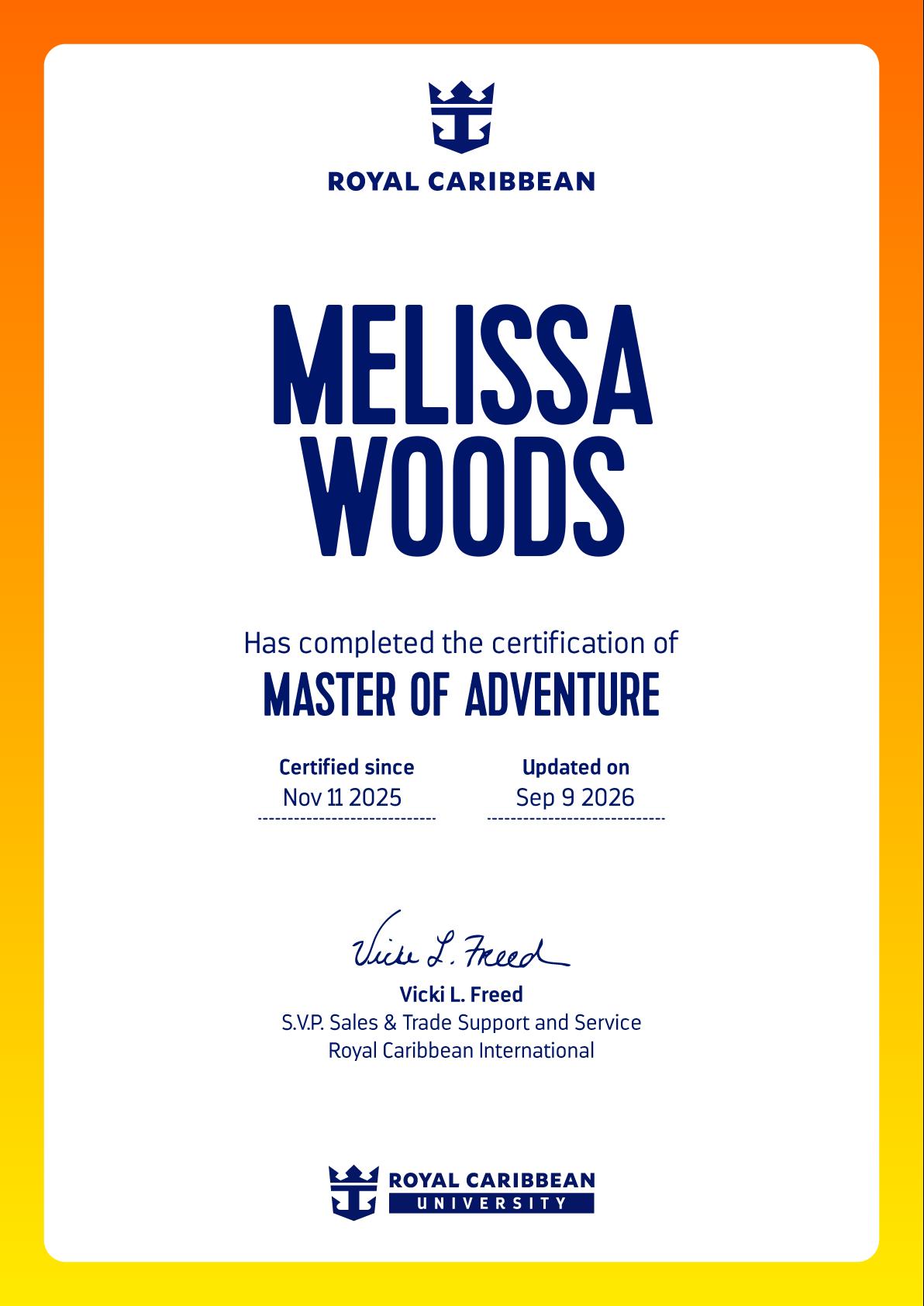 Royal Caribbean Master of Adventure certificate for Melissa Woods