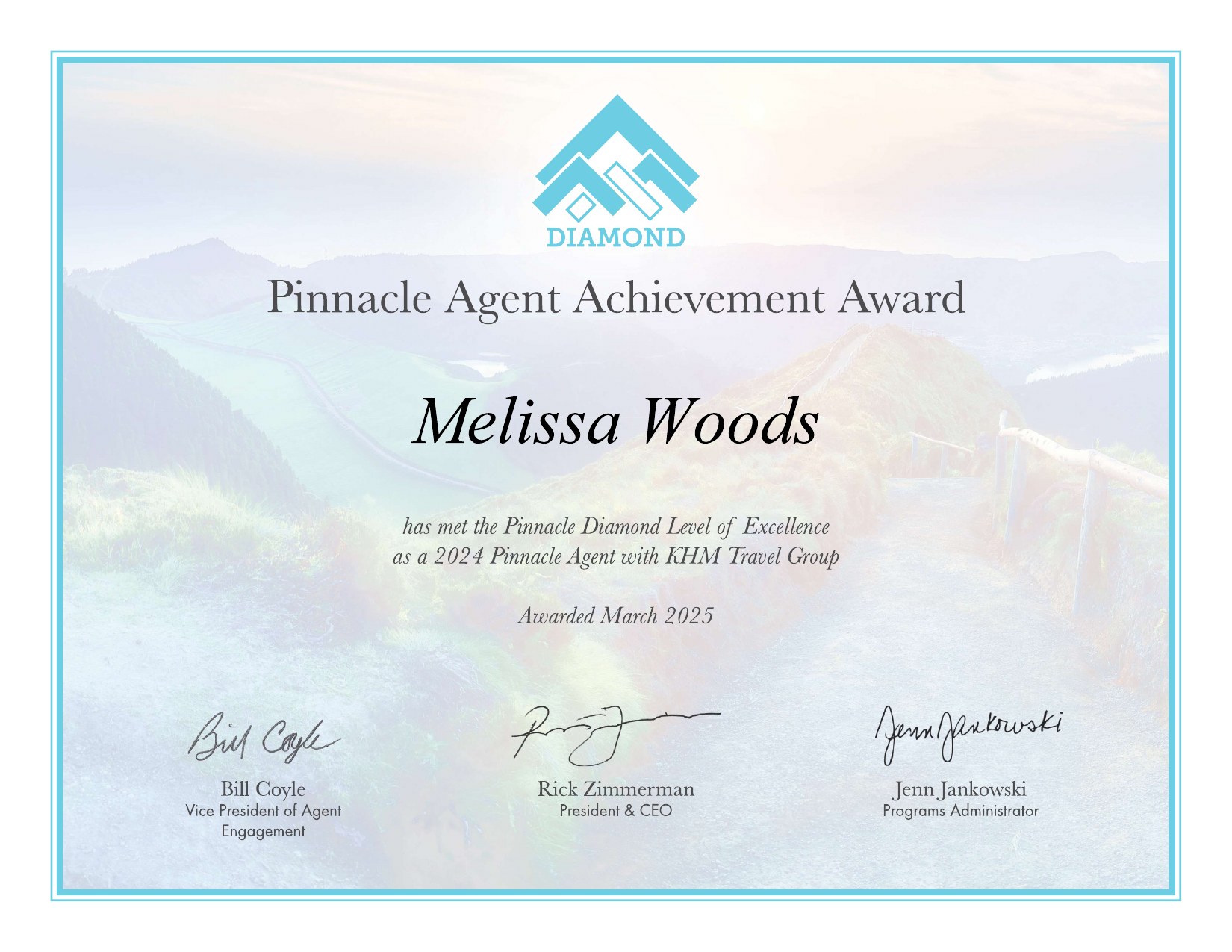 KHM Travel Group Pinnacle Agent Achievement Award, Pinnacle Diamond Level, 2024, awarded to Melissa Woods