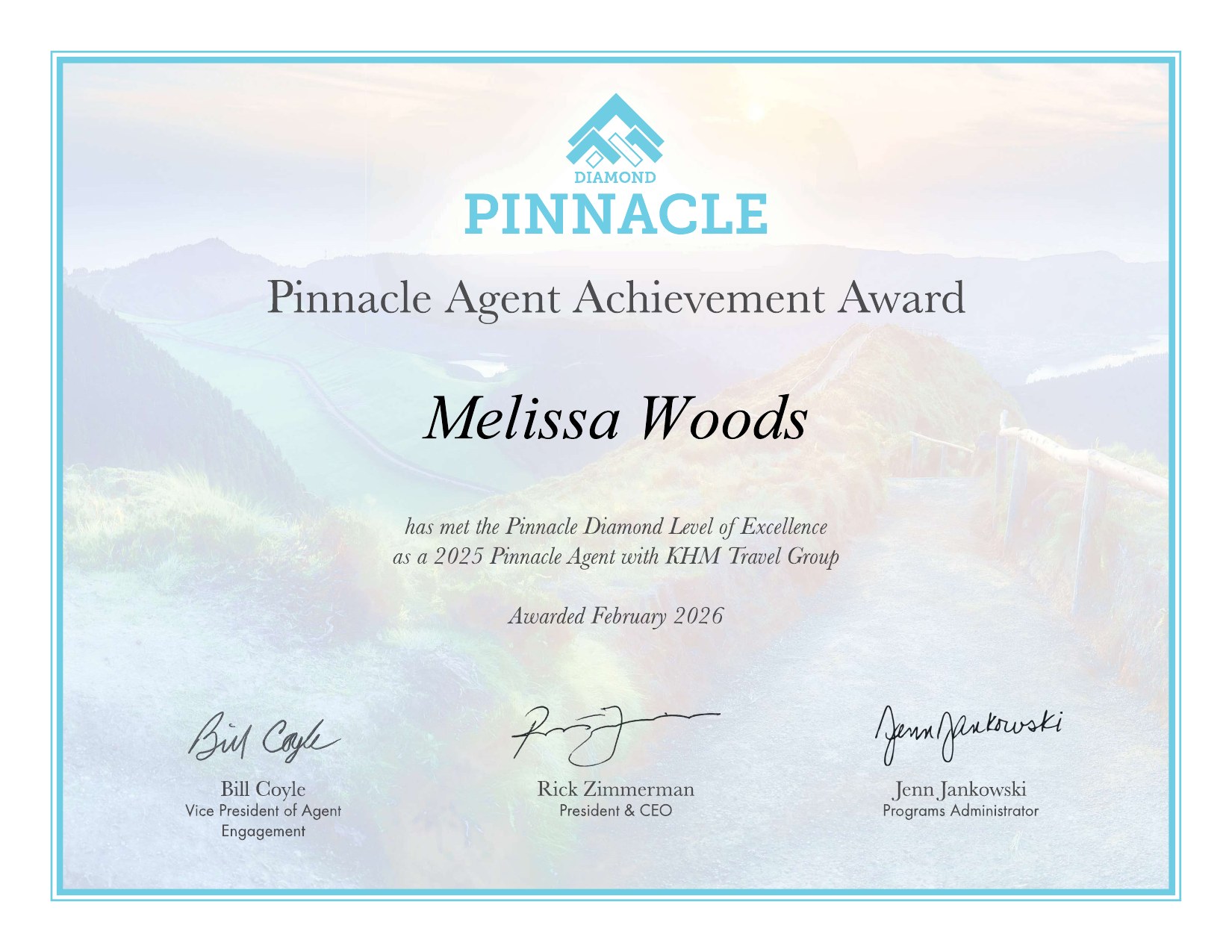 KHM Travel Group Pinnacle Agent Achievement Award, Pinnacle Diamond Level, 2025, awarded to Melissa Woods
