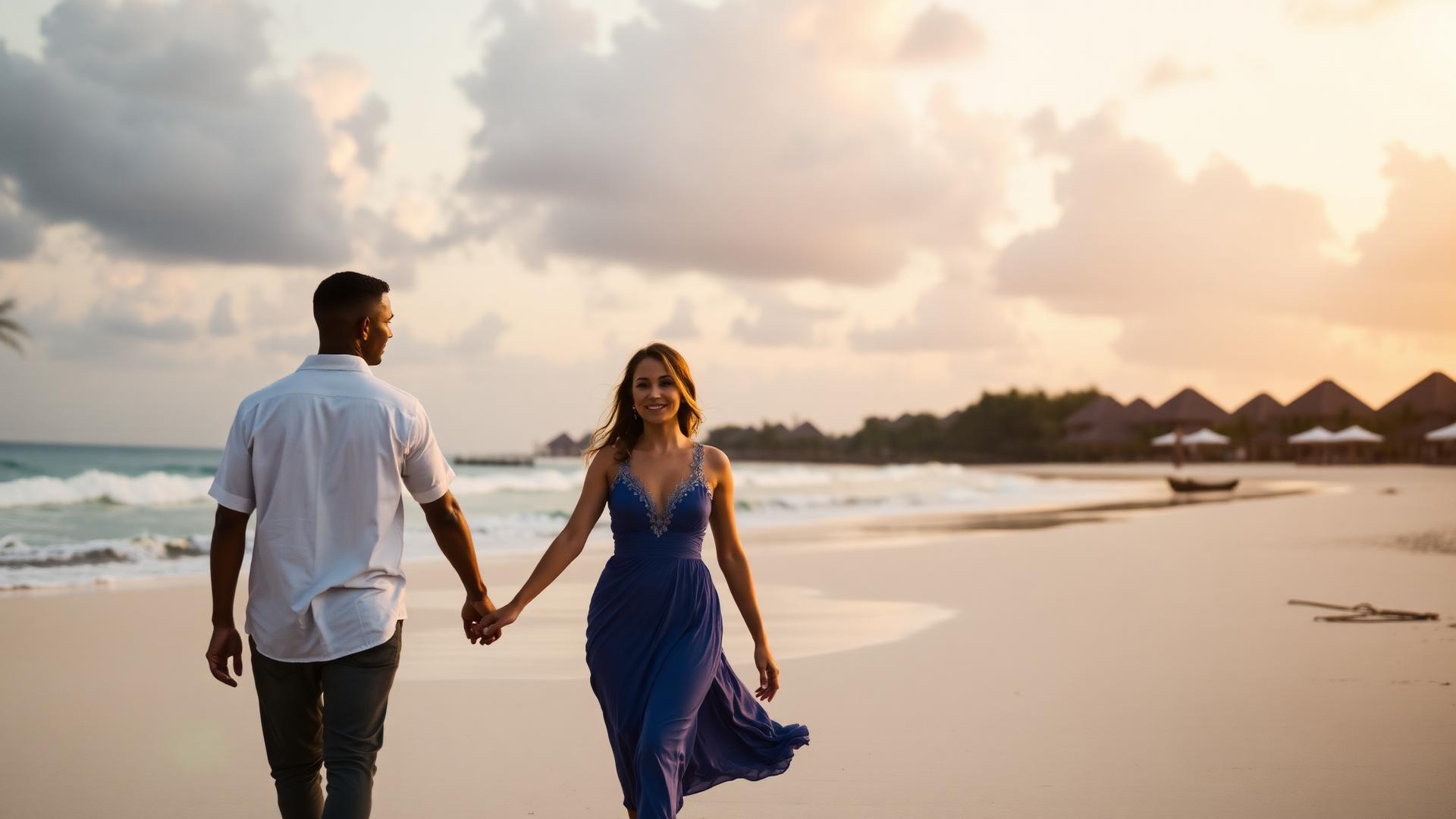 Couple walking hand in hand on a tropical beach at sunset
